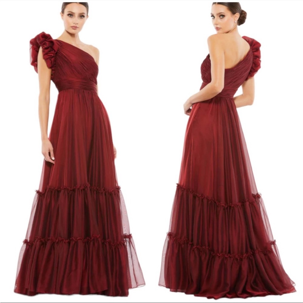 Mac Duggal Organza One-Shoulder Pleated Gown Tiered Wine Red Size 12 Prom
